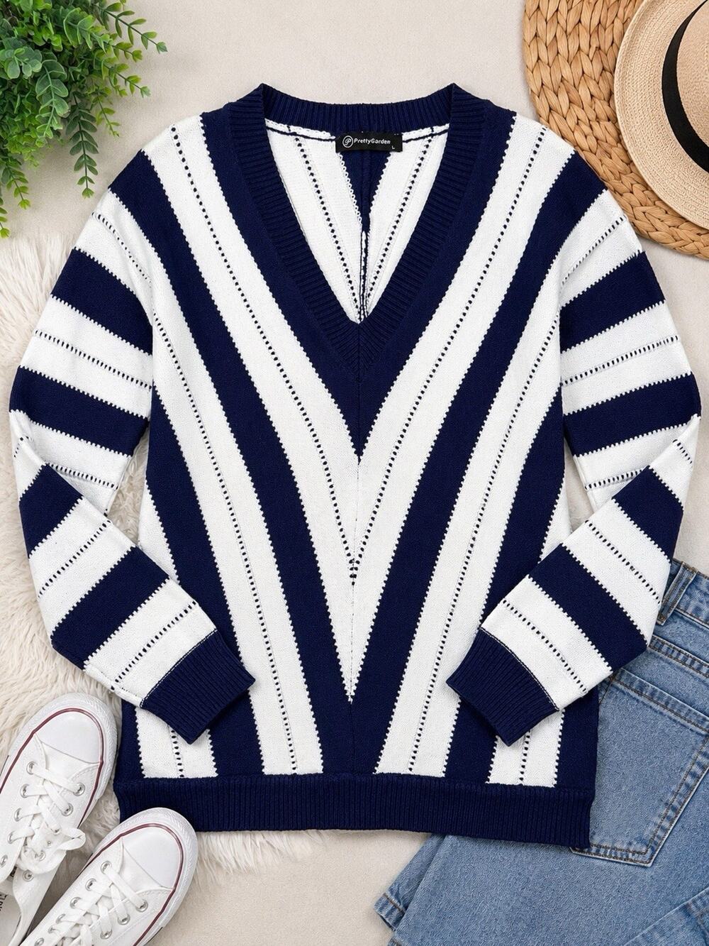 PrettyGarden Navy White Striped V-Neck Knit Sweater Women’s Large